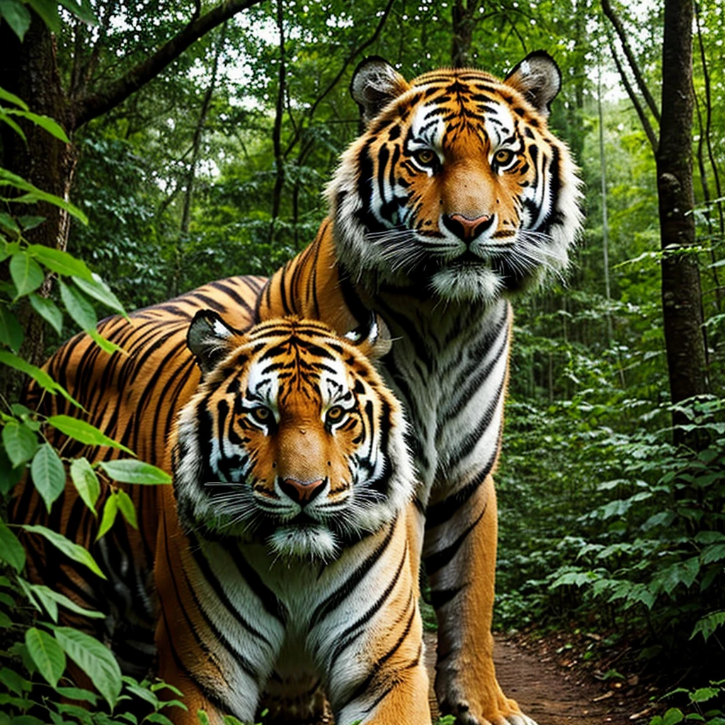 there is a tiger walking through the jungle with trees in the background, prowling through the forest, looking majestic in forest, tiger, a tiger, portrait of forest gog, the tiger is smiling, portrait of wild, ((tiger)), aggressive look, tiger face, looking straight to the camera, looking straight to camera, ferocious appearance, amongst foliage, shutterstock