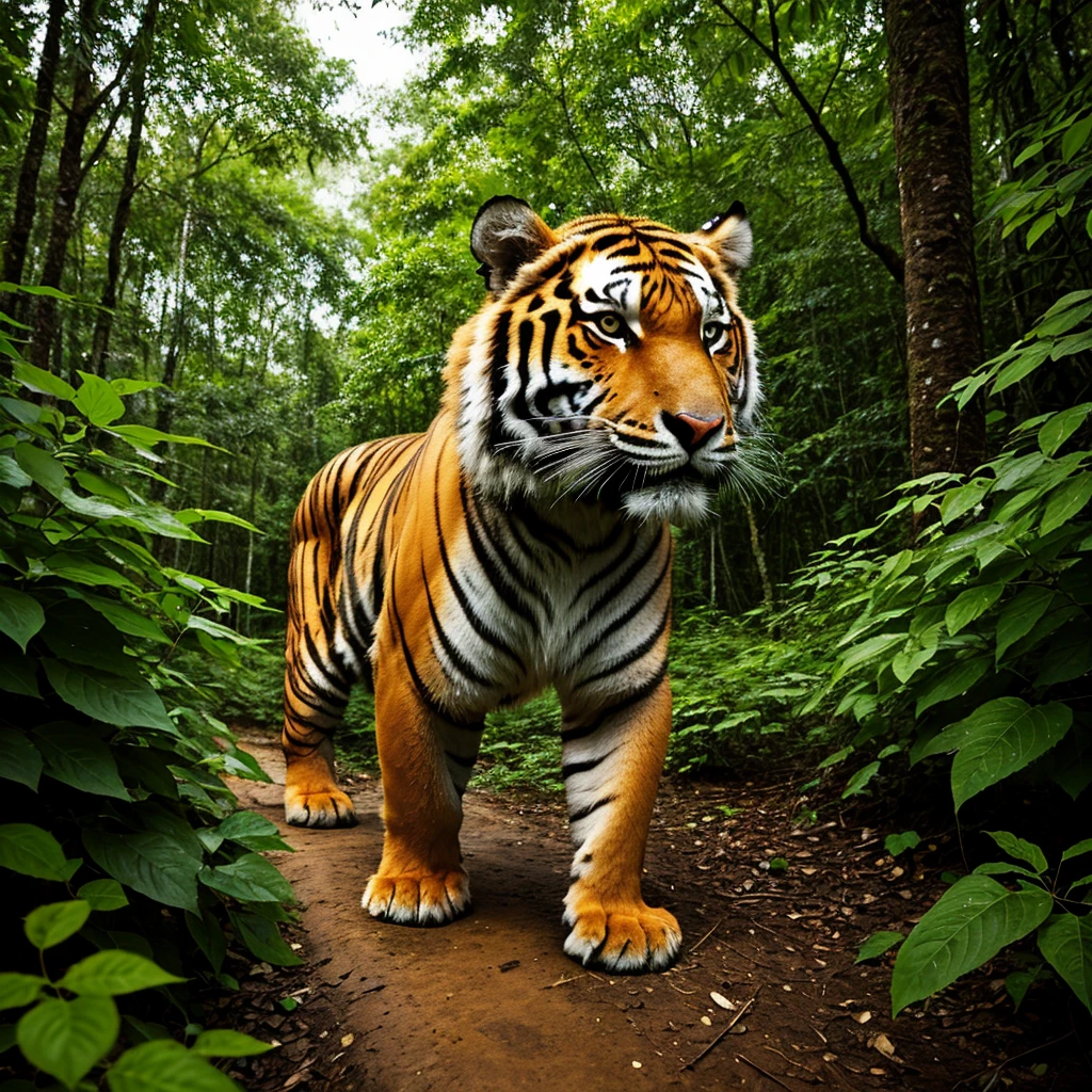 there is a tiger walking through the jungle with trees in the background, prowling through the forest, looking majestic in forest, tiger, a tiger, portrait of forest gog, the tiger is smiling, portrait of wild, ((tiger)), aggressive look, tiger face, looking straight to the camera, looking straight to camera, ferocious appearance, amongst foliage, shutterstock