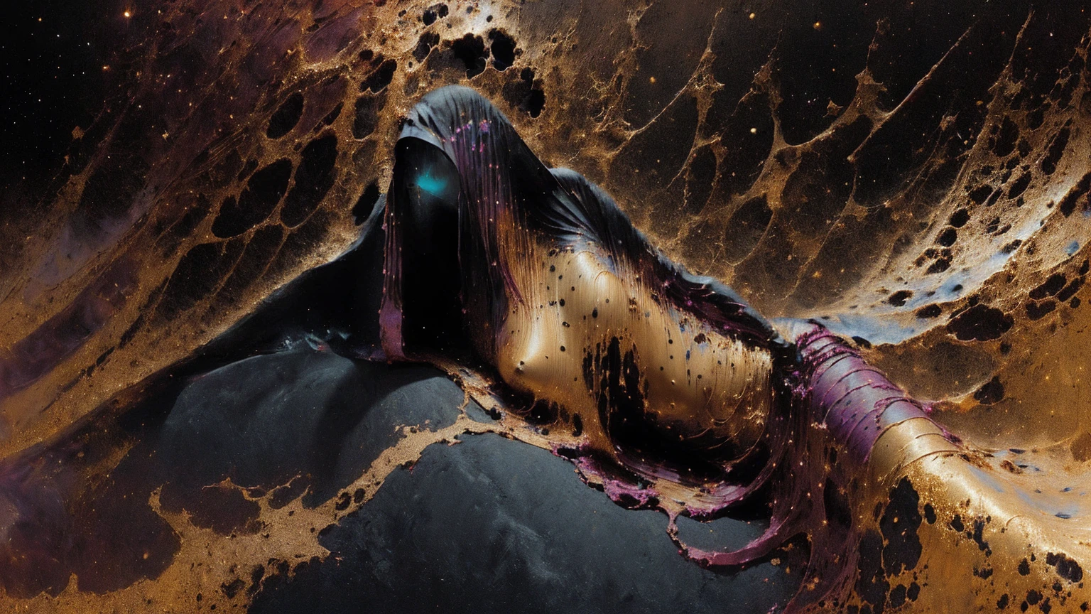 (body formed by galactic liquid mauevine and black metallic paint twisting into a beautiful interpretation of the female figure), au naturel,((complex galactic metallic colours in the foreground)), (( fluid mechanics, the loveliest smooth scale face makeup, smirky expression)) - red, black and gold, onyxia, metallic color palette g0s1, naked thorso