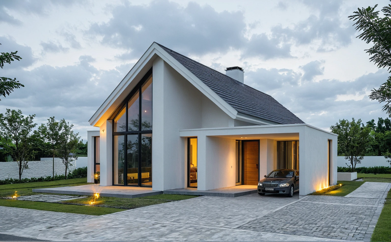 Masterpiece, high quality, best quality, authentic, super detail, outdoors, onestoreyvillaXL, aiaigroup, house style modern on the street ,stairs, white wall ,road,pavement, grass, trees, sky, cloud, (daylight:1.1)