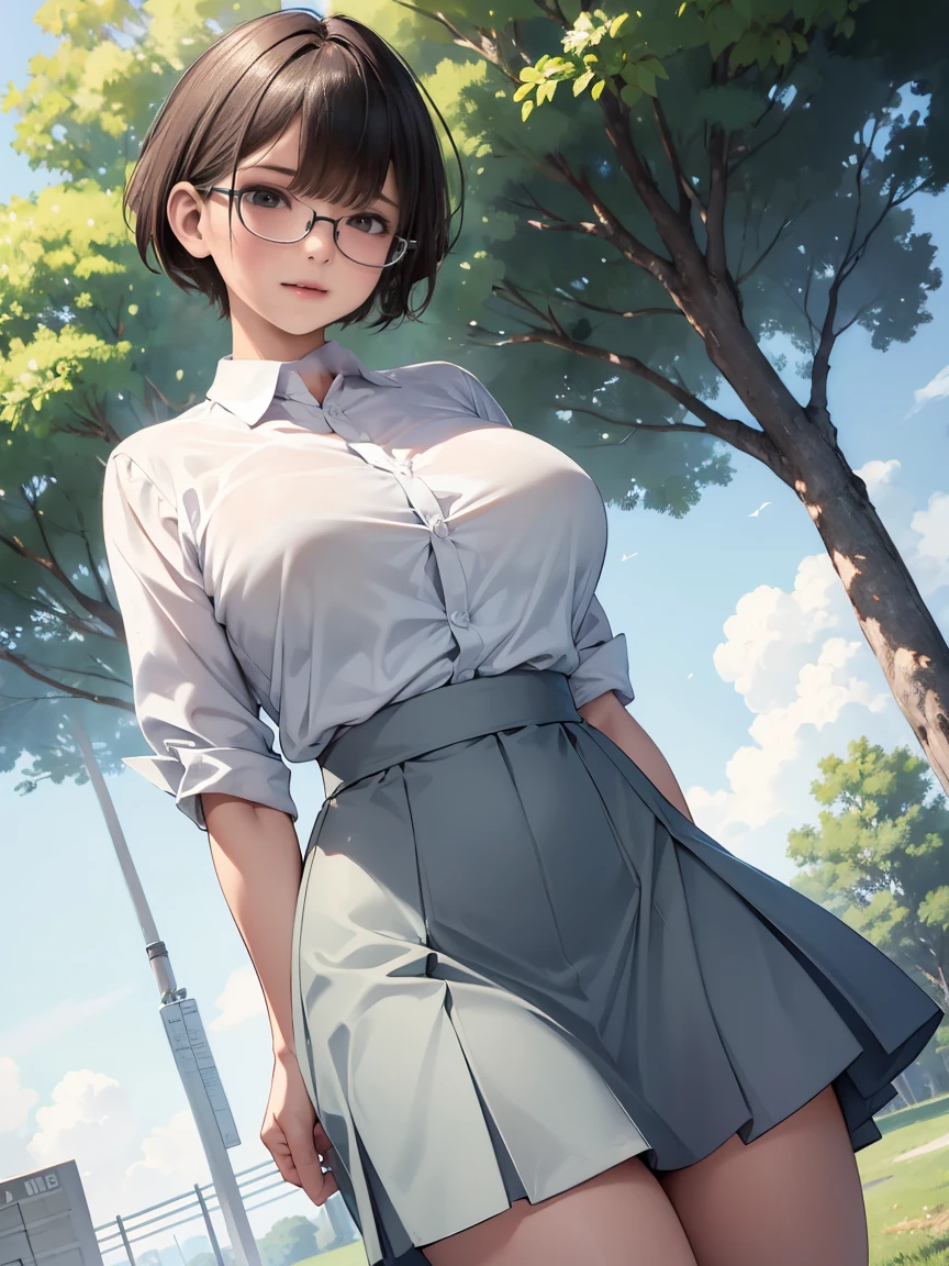 Mature Woman (short hair) (Pixie Cut) plump Attractive appearance Short brown hair with bangs Rimless Glasses Big eyes Expressions of joy Very large breasts A fitted light blue shirt and a knee-length grey flared skirt at the park masterpiece humidity Drawing from below Portraiture Low Angle Beautiful legs Skirt fluttering in the wind Flip Up Skirt Accentuate the crotch she'not wearing panties under the skirt Genitals are exposed The skirt was pulled up Accurate Body Composition