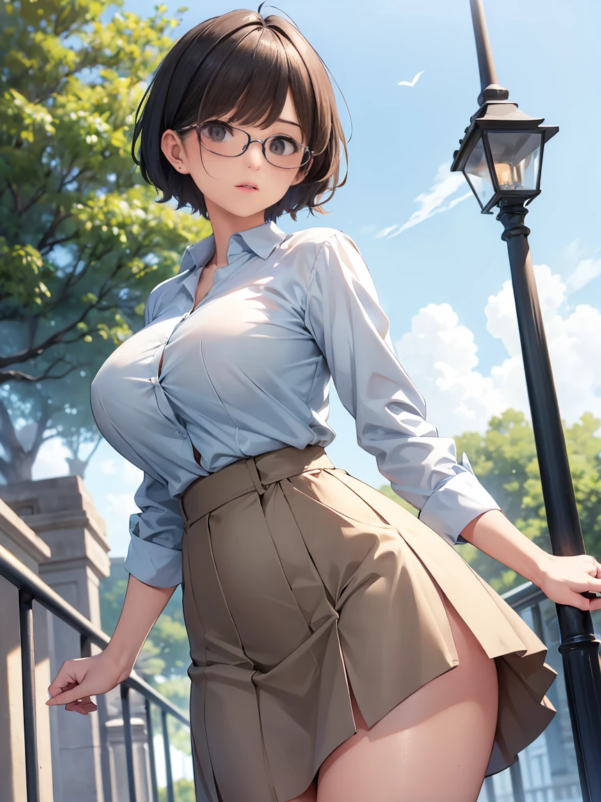 Mature Woman (short hair) (Pixie Cut) plump Attractive appearance Short brown hair with bangs Rimless Glasses Big eyes Expressions of joy Very large breasts A fitted light blue shirt and a knee-length grey flared skirt at the park masterpiece humidity Drawing from below Portraiture Low Angle Beautiful legs Skirt fluttering in the wind Flip Up Skirt Accentuate the crotch she'not wearing panties under the skirt Genitals are exposed The skirt was pulled up Accurate Body Composition