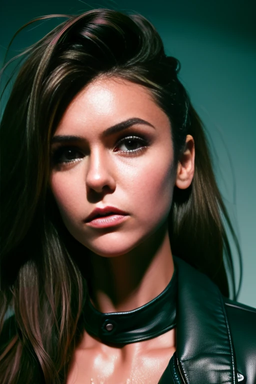 1girl, Nina Dobrev, black leather jacket, cutout, sweating, sub, wet, orgasm on face, open mouth, looking at camera, cloudy sky, looking down, low angle, at chest height, (bottom view), (best quality,4k,8k,highres,masterpiece:1.2),ultra-detailed,(realistic,photorealistic,photo-realistic:1.37),cinematic,dramatic lighting,moody,dark,sensual,intimate,erotic