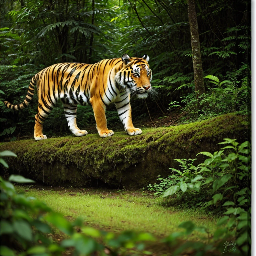 a tiger walking through a lush green forest, a picture, sumatraism, frontal portrait, canvas print, foto, caucasian