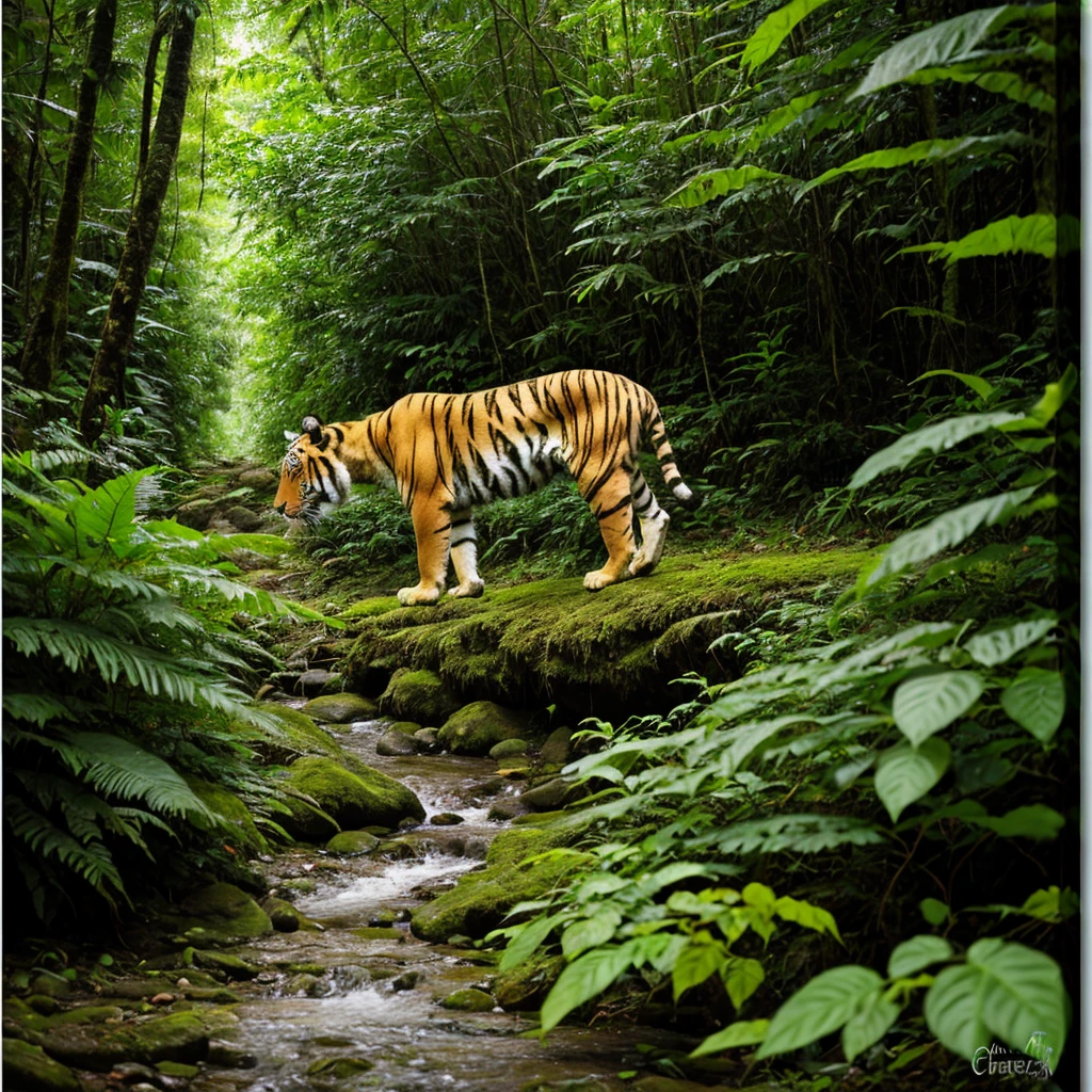 siberian tiger, realistic photography, jungle, sunset, vibrant, energetic, full body shot