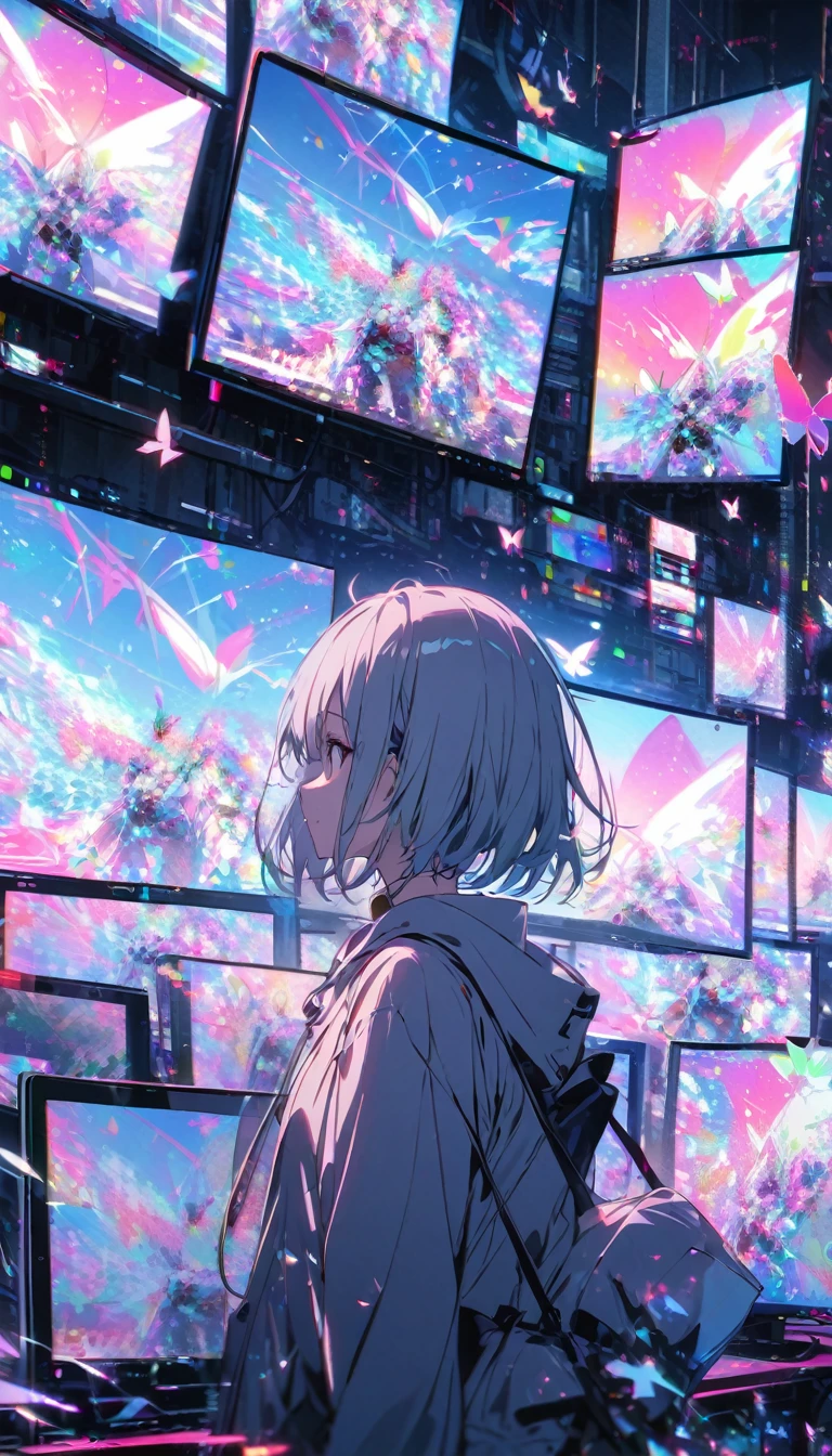 Butterflies flying from the screen、Multiple Screens、Digital Noise