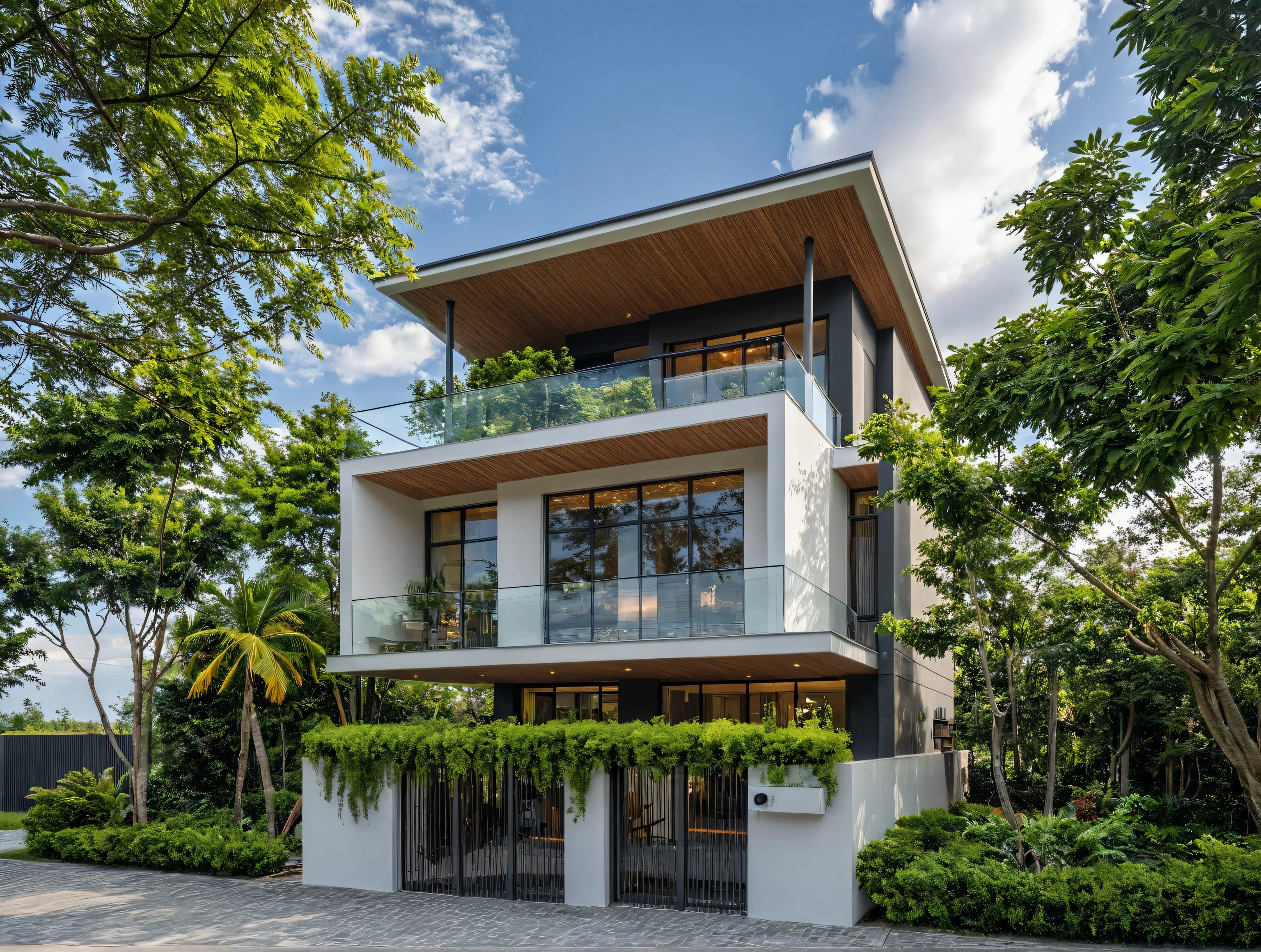 Masterpiece, high quality, best quality, authentic, super detail, outdoors, onestoreyvillaXL, aiaigroup, house style modern on the street ,stairs, white wall ,road,pavement, grass, trees, sky, cloud, (daylight:1.1)