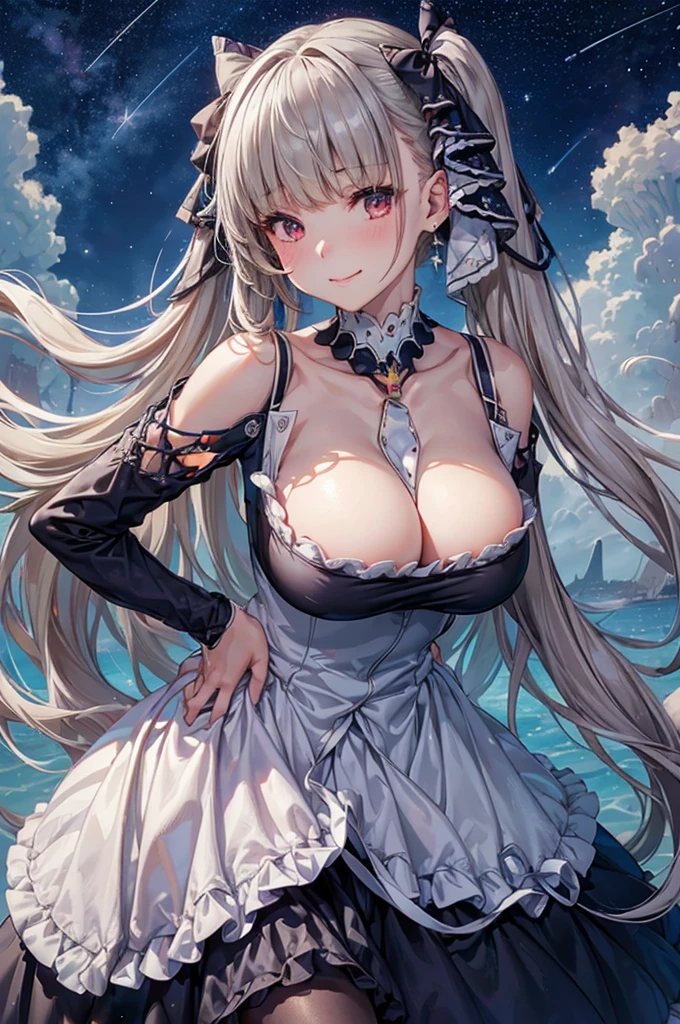 ((dress_default, terrific_default, ornament_waist)):1.5,((独奏, 1girl)) ((masterpiece,Highest quality,Highly detailed images,Beautiful images、Realistic、Dutch Angle)),(Top-down angle image)、 (Bright lighting overall、Backlight、A fantastic atmosphere、Thick Fog、Dust flutters),(Sexy pose、Beautiful cleavage、huge breasts, Place your hands behind your back:1.5、Leaning forward、Charming smile), ((Beautiful starry sky、shooting star、Ocean))、Black sleeves、Emphasize the chest、Looking up、Hands behind the body、Leaning forwardに