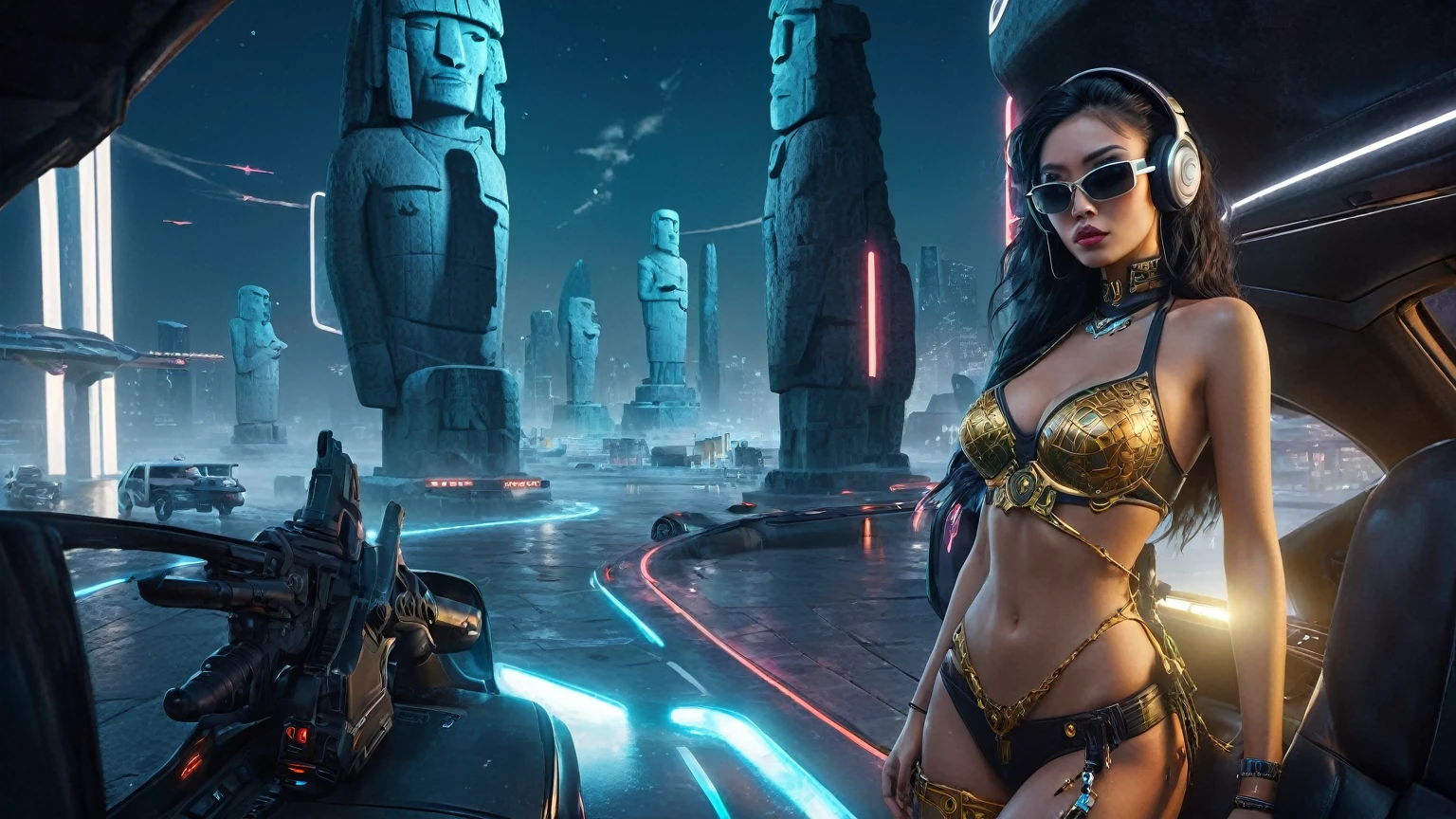 At night, dark sky, distant shot aerial view of fantasy cyberpunk style ice ((Moai-statue)) city, ((flying car)). ((1girl, solo, alone)), medium-breast:1.1 slim body, cleavage, sexy clothes, (headphone, black sunglasses, long black realistic hair), (((hip-up standing and holding pistol))), half-body thigh level medium shot, cinematic lighting.