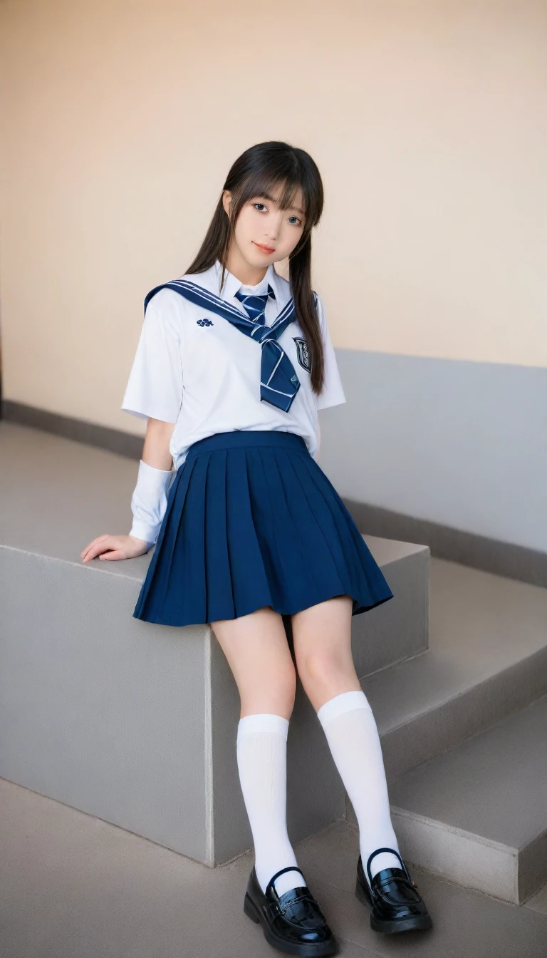 Wearing a skirt and knee-high socks, Japanese girls uniform, Japanese , Cute school girl, Wearing Japanese clothes , Knee socks and skirt, a hyperRealistic , High school girl posing, Dressed as a high school girl, Girl in uniform, hyperRealistic , Realistic