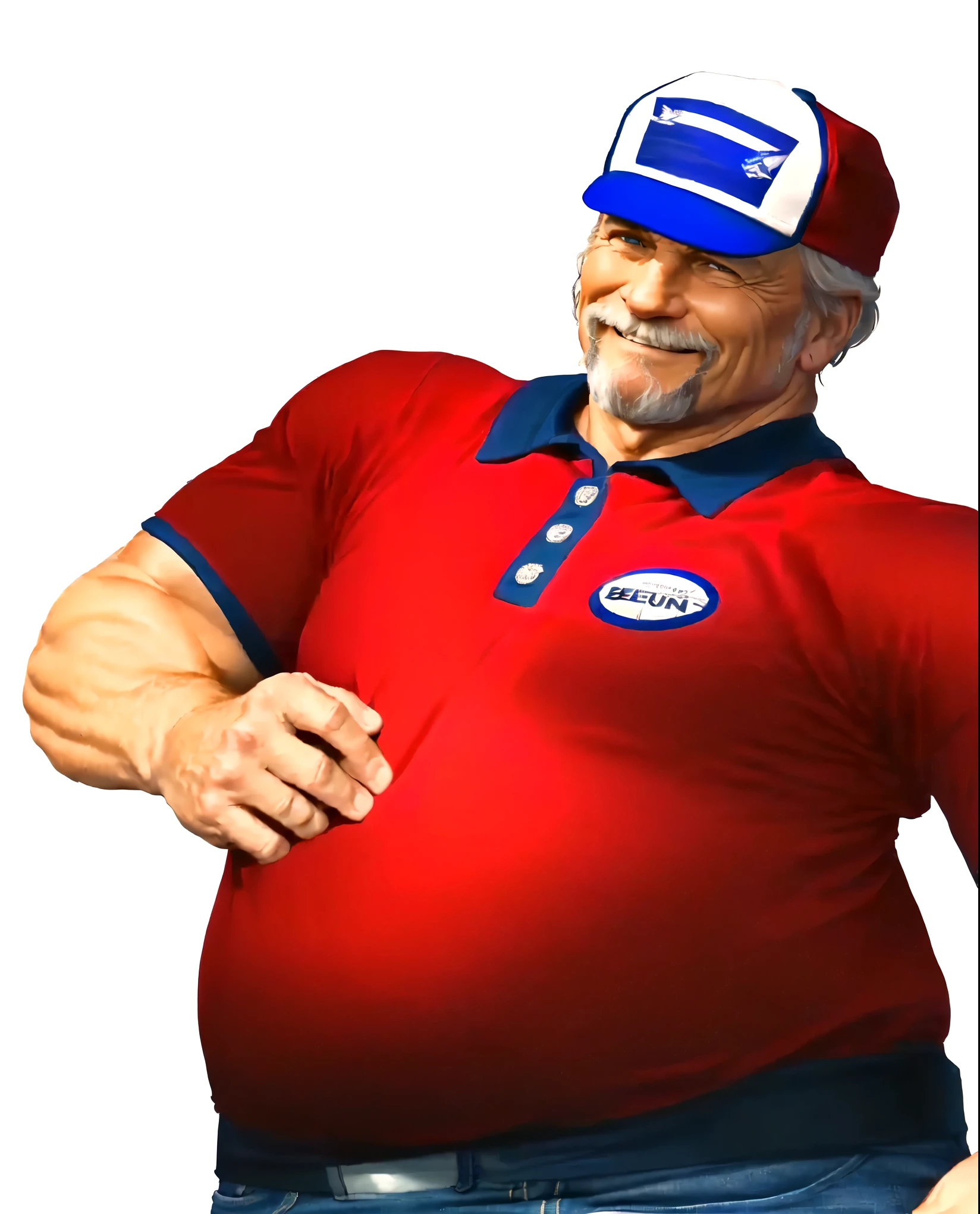 a close up of a man in his 60s wearing a red shirt and blue jeans, as a character in tekken, beefy, realistic textures, jeff bridges with a goatee, best friend smiling at you with encouragement, Out Run 2 flagman, 2 k, 2k, muscular bernie sanders, buff man, character from king of fighters, robust stocky body, hide the pain harold, name of character is flagman, wise face, his cap has a SEGA logo on it, (short GREY hair)