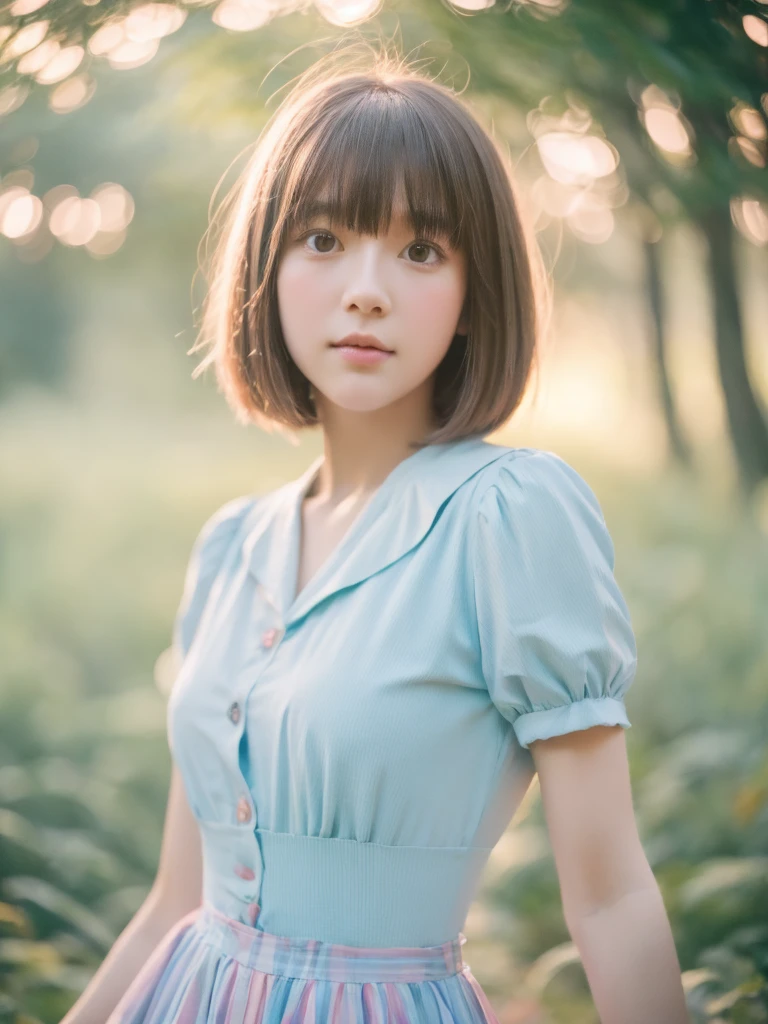 Portrait MagMix Girl look at camera, bob cut, short hair, alice in the wonderland, fantasy, analog film photo, soft and dreamy lighting, pastel color palette, shallow depth of field, highly detailed, hyper-realistic, medium-format film camera,