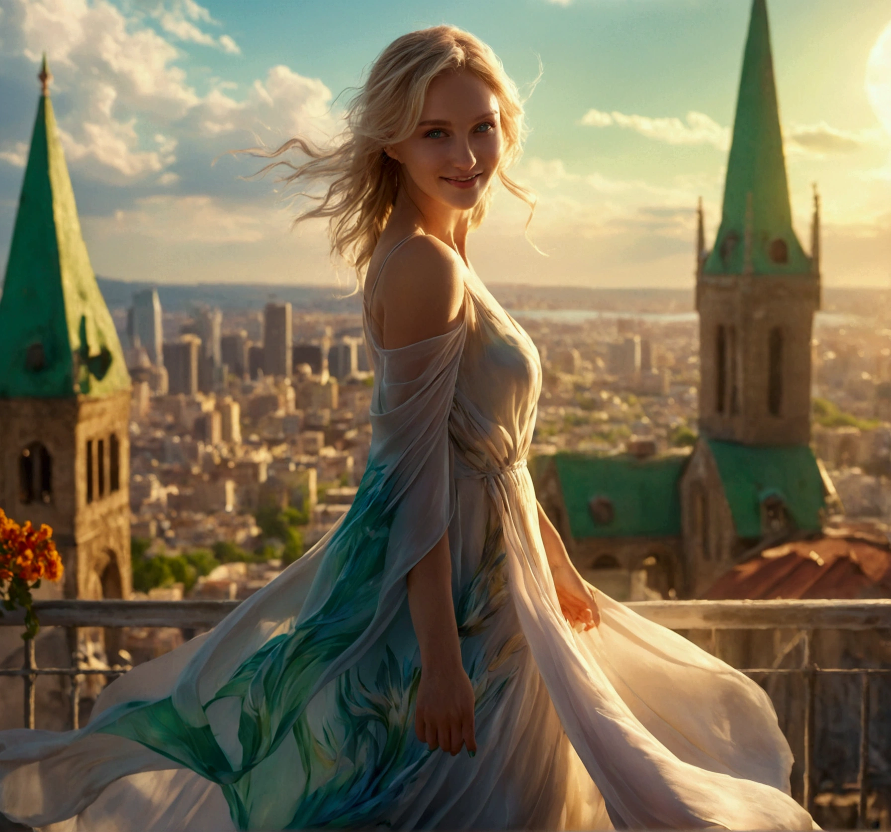 masterpiece, Best quality, official art, 8k wallpaper, Very detailed, 1 woman, light falls on and creates the effect of wings, full length woman, stands half-sideways, in a light closed summer silk flowing dress, with the city in the background, Woman smiling, the woman is very nice, beautiful, blonde hair, green bright eyes, Cinematic effect, shadow game, play of light