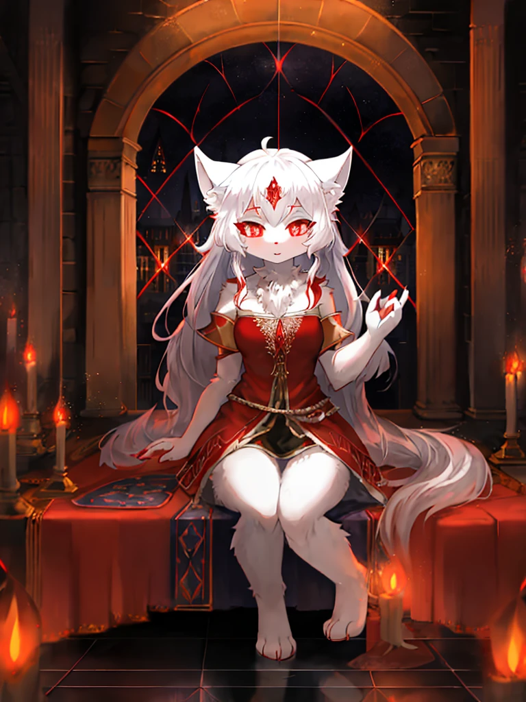 furry,sclera,red iris,White Wolf Princess,female,cute,Perform magic effects with one hand,Lights and reflections, , Architecture of medieval Europe, Glazed tiles,Hell version of the background