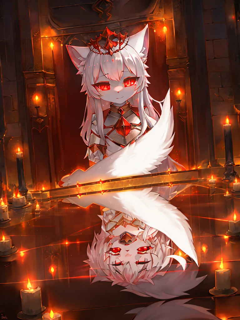 furry,sclera，red iris，White Wolf Princess，female,cute,She exudes a powerful magic，Lights and reflections, , Architecture of medieval Europe, Glazed tiles,Hell version of the background