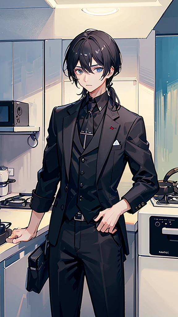 A man around 25 years old、A man with waist-length black hair tied back、Wearing a black suit、Eye color is a calm blue、Background kitchen、I&#39;m cooking