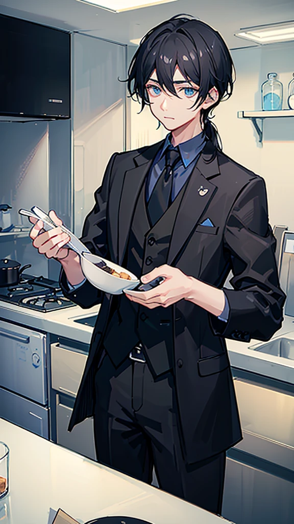 A man around 25 years old、A man with waist-length black hair tied back、Wearing a black suit、Eye color is a calm blue、Background kitchen、I'm cooking