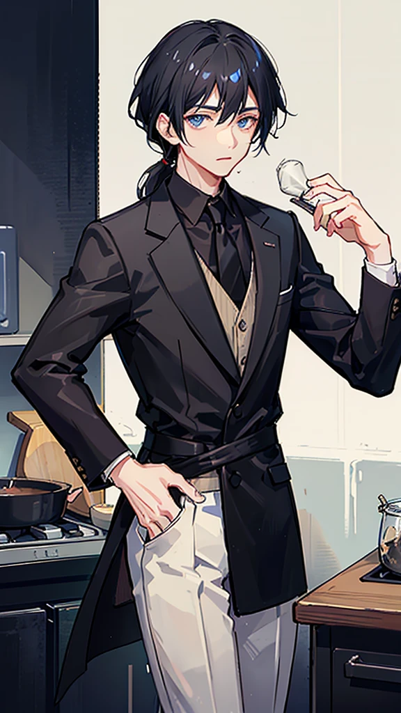 A man around 25 years old、A man with waist-length black hair tied back、Wearing a black suit、Eye color is a calm blue、Background kitchen、I&#39;m cooking