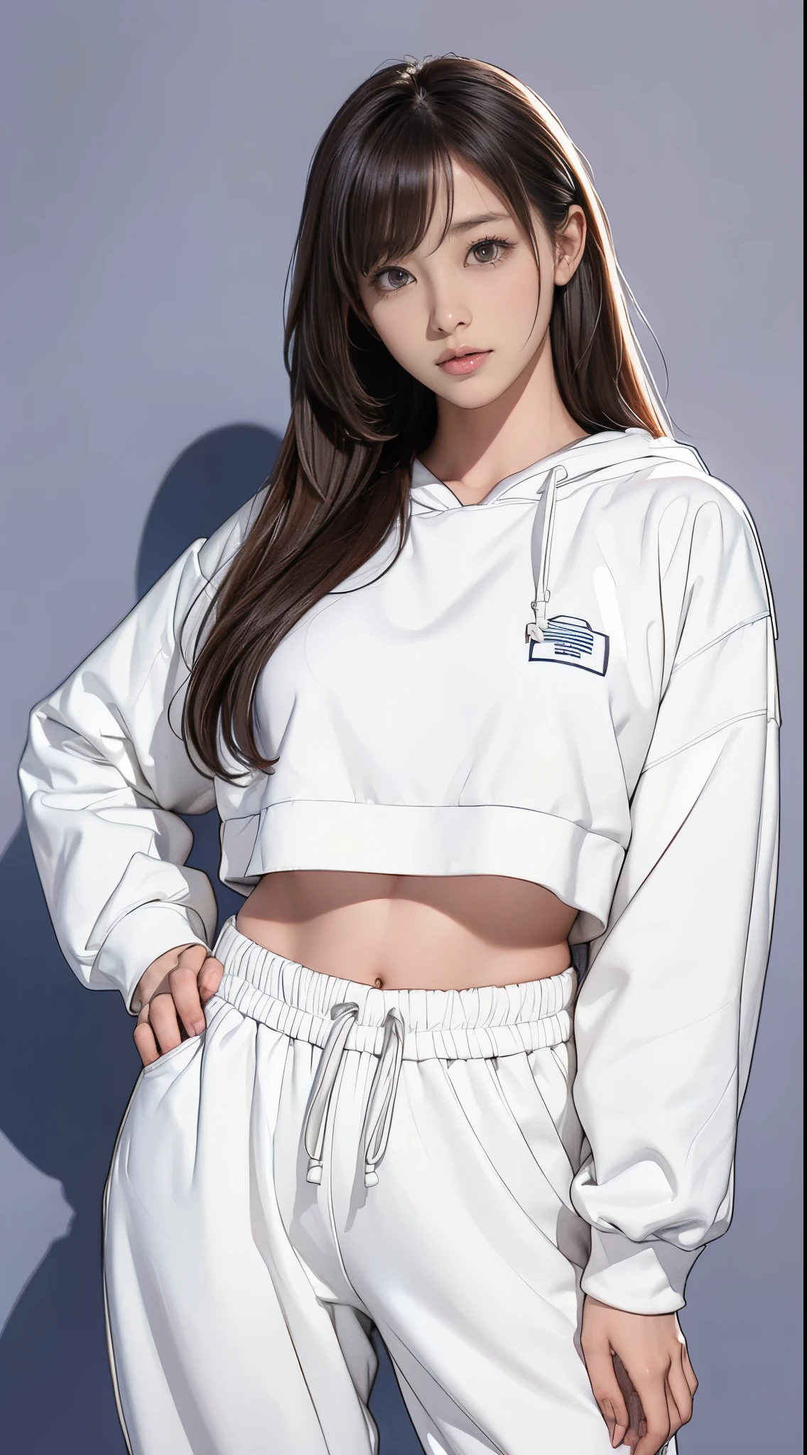 ((걸작,최상의 품질;1.3,최고의 일러스트))"A young woman is standing and posing confidently. She is wearing a white cropped tank top that shows off her midriff and a loose-fitting white hoodie with the zipper undone. She is also wearing white sweatpants with a drawstring waist. “Her right hand is casually placed in her pocket, her left hand has long straight hair flowing down her shoulder, and the background is brightly colored to draw attention to her pose, making her look relaxed and comfortable.” The camera covers the entire body.