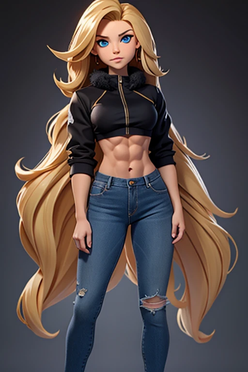 beautiful 20 yo woman, long blonde curly hair, attractive, micro bra, short fur jacket, free midriff, jeans pants, sixpack abs, strong well defined muscle, lean powerful bodybuilder physique, perfect and flawless musculature, great muscle definition, perfect six-pack abs