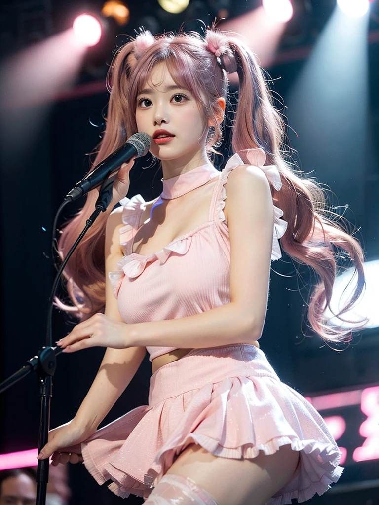 Shot with a top-of-the-line camera. highest quality, ultra-detailed, intricately detailed, high resolution, 8k, One woman. (very large breasts:1.3), A youthful look of about . Slim and well-proportioned, (pink hair in twintails:1.3), fair skin. She is wearing a pink frilled mini-skirt dress. She is singing on the stage of a live venue, illuminated by the many lights of the live show.
