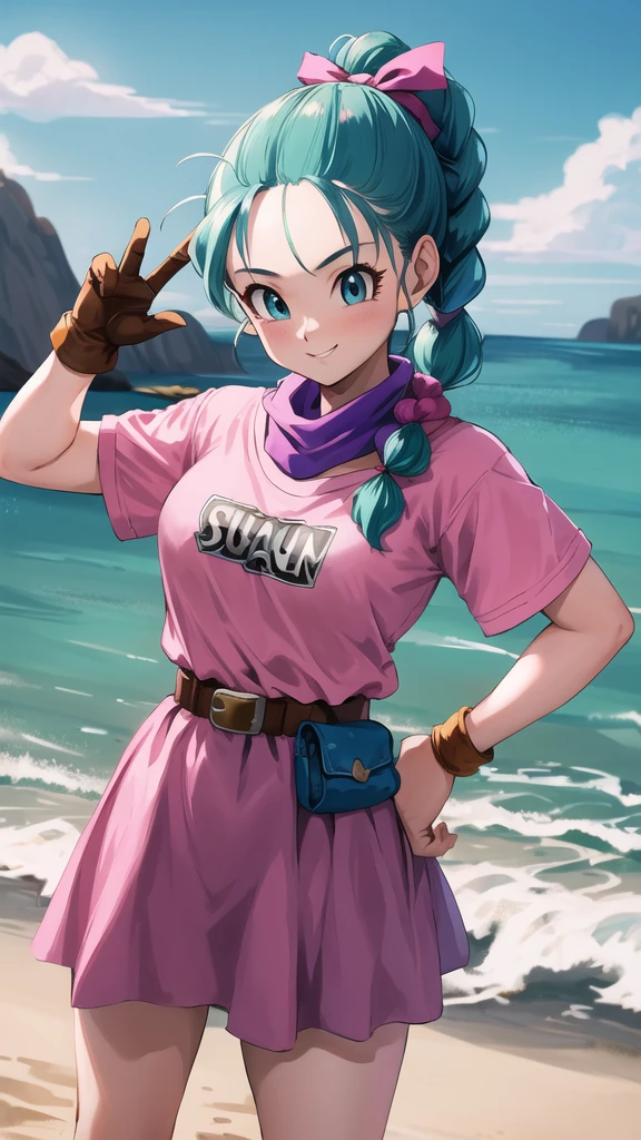 masterpiece, Highest quality, High resolution, Dragon Ball, Bull Pony, Aqua Hair, Hair Ribbon, Braided Ponytail, Pink Shirt, belt, scarf, Pink Skirt, Clothes writing, Brown gloves, Medium chest, Outdoor, Cowboy Shot, wave hands, smile