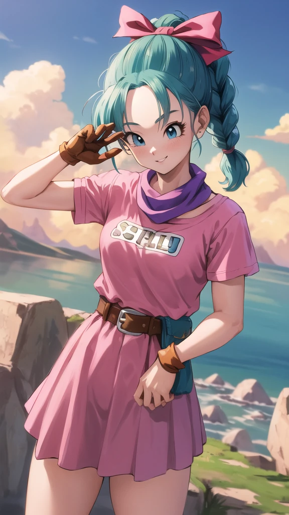 masterpiece, Highest quality, High resolution, Dragon Ball, Bull Pony, Aqua Hair, Hair Ribbon, Braided Ponytail, Pink Shirt, belt, scarf, Pink Skirt, Clothes writing, Brown gloves, Medium chest, Outdoor, Cowboy Shot, wave hands, smile