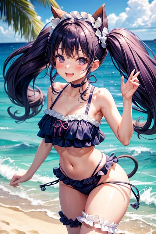 One woman,Twin tails,big tail,eye_purple,hair_Navy Blue,blush,cute,Ocean,A very happy smile,Mouth wide open,Swimwear_white,Big frills,Splash,