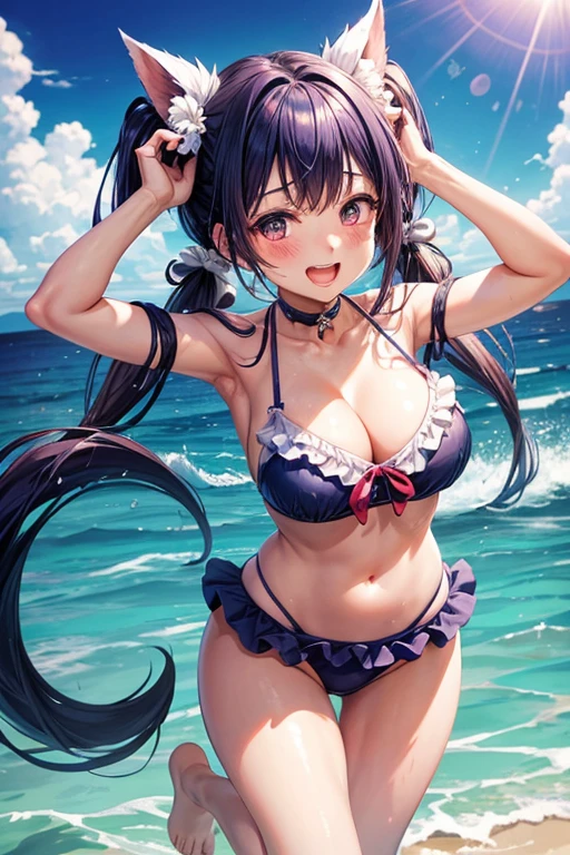 One woman,Twin tails,big tail,eye_purple,hair_Navy Blue,blush,cute,Ocean,A very happy smile,Mouth wide open,Swimwear_white,Big frills,Splash,