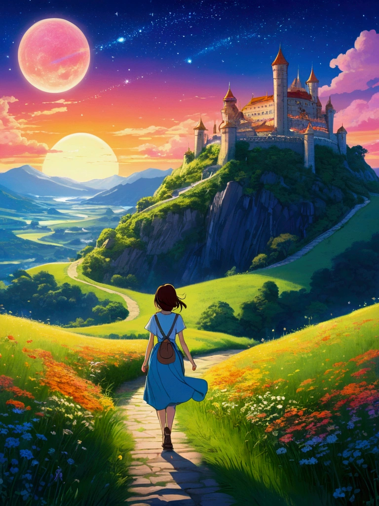 anime-style illustration, A serene landscape featuring a young woman is walking along a path The grassland, litle glowing flowers, fireflies, magical glow, overlooking mountainous valley and the great castle of the kingdom, stron clear blue sky, few stars. art style: highly saturated and vibrant color style, intense and rich colors vivid. rendered with strong exaggerated colors that enhance the natural beauty, The atmosphere is full of magical color films, High Detail, best quality, 4K.