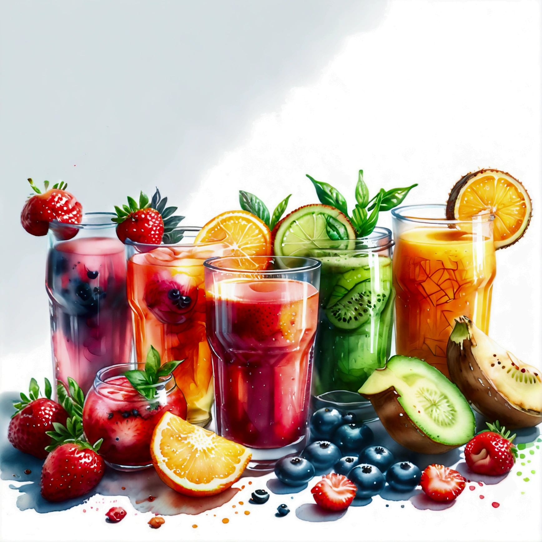 there are many types of colorful healthy drinks served in glasses, the glasses sitting on a surface, juices, smoothie and infused water , illustration, isolated with solid white background, surrounded with negative space, centered composition, highest detailed painting, very precise line, Isolated, clear solid white background, perspective angle of view, ((watercolor:1.5)), (lora:add-detail-xl:1), (masterpiece), (best quality), no bread on the floor, washed out color, (ghibli)