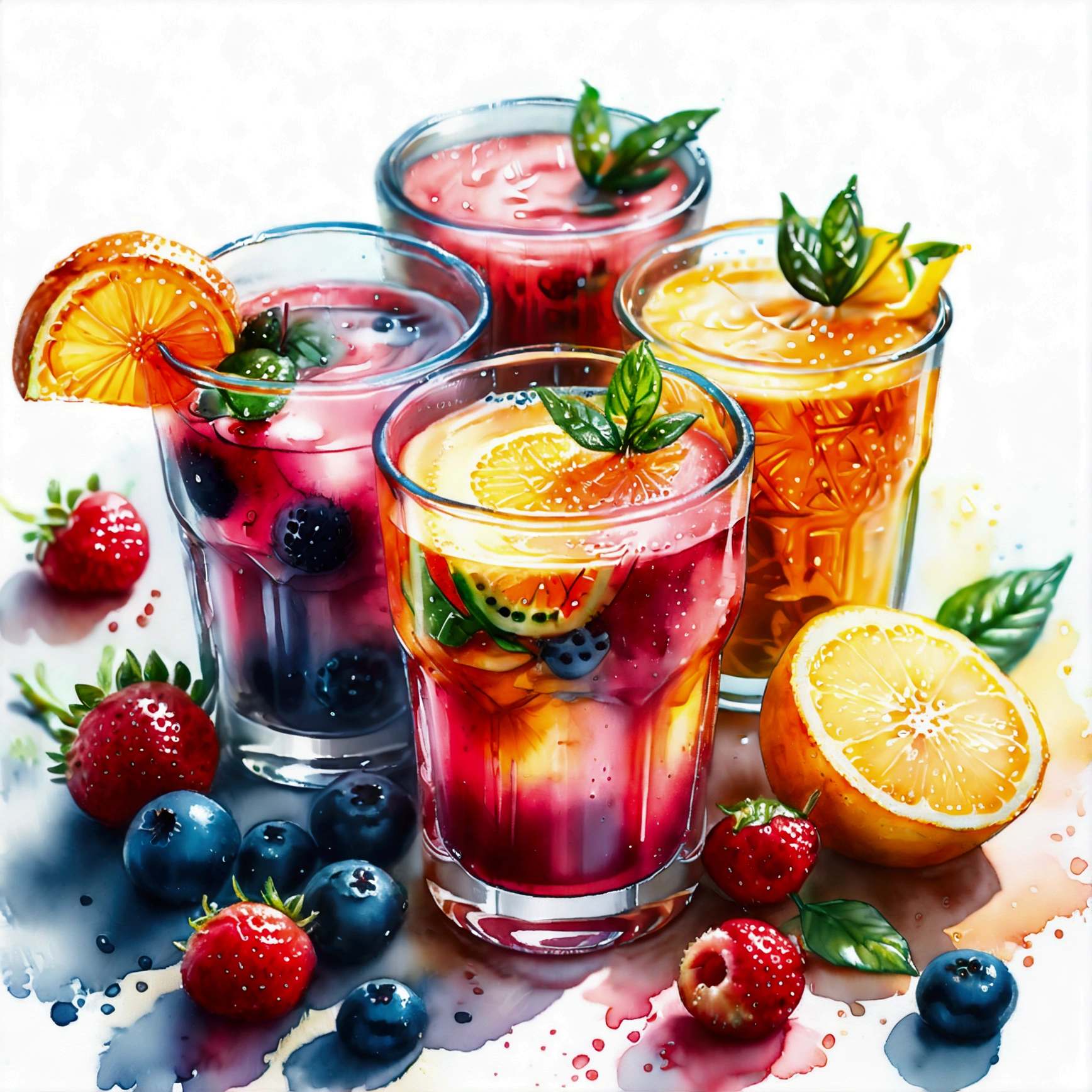 there are many types of colorful healthy drinks served in glasses, the glasses sitting on a surface, juices, smoothie and infused water , illustration, isolated with solid white background, surrounded with negative space, centered composition, highest detailed painting, very precise line, Isolated, clear solid white background, perspective angle of view, ((watercolor:1.5)), (lora:add-detail-xl:1), (masterpiece), (best quality), no bread on the floor, washed out color, (ghibli)