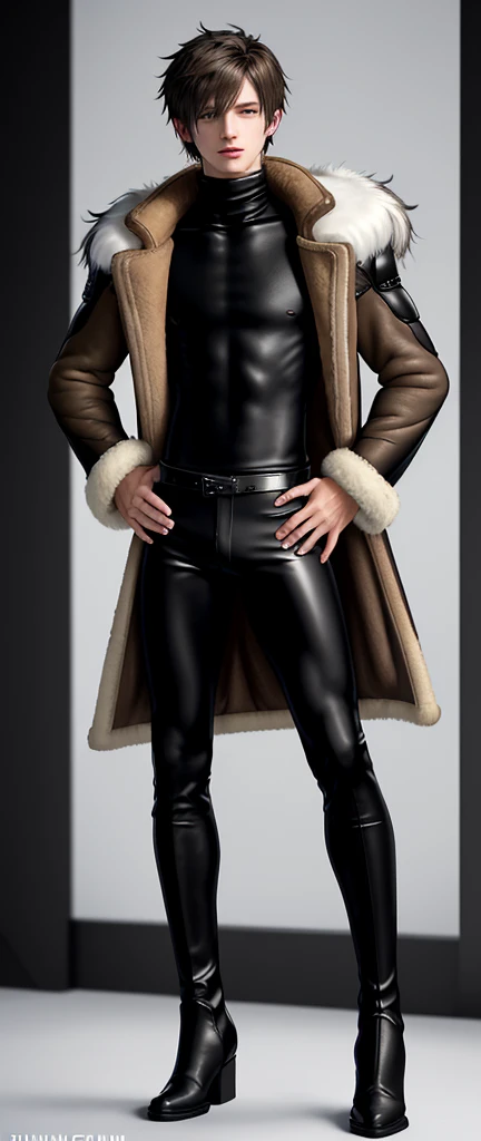 Final fantasy taste and reality graphics, Japanese young cute and cool ikemen boy, his age is early 20s, thin eyebrows and beady eyes, he wearing light brown color very thick shearling jacket, jacket is no leather and waist length, fur color is white,
also wearing black very thick turtleneck lackluster shirts, tight black leather pants, shiny black leather tight and must put on a thin leather glove both hands, black leather knee-high raceup boots,must views head-to-toe,must views whole body, boy looks like fashion model,Do not show skin from the neck down,leather jacket leather glove and leather pants have few wrinkles,boy in the room,,Avoid showing your innerwear,