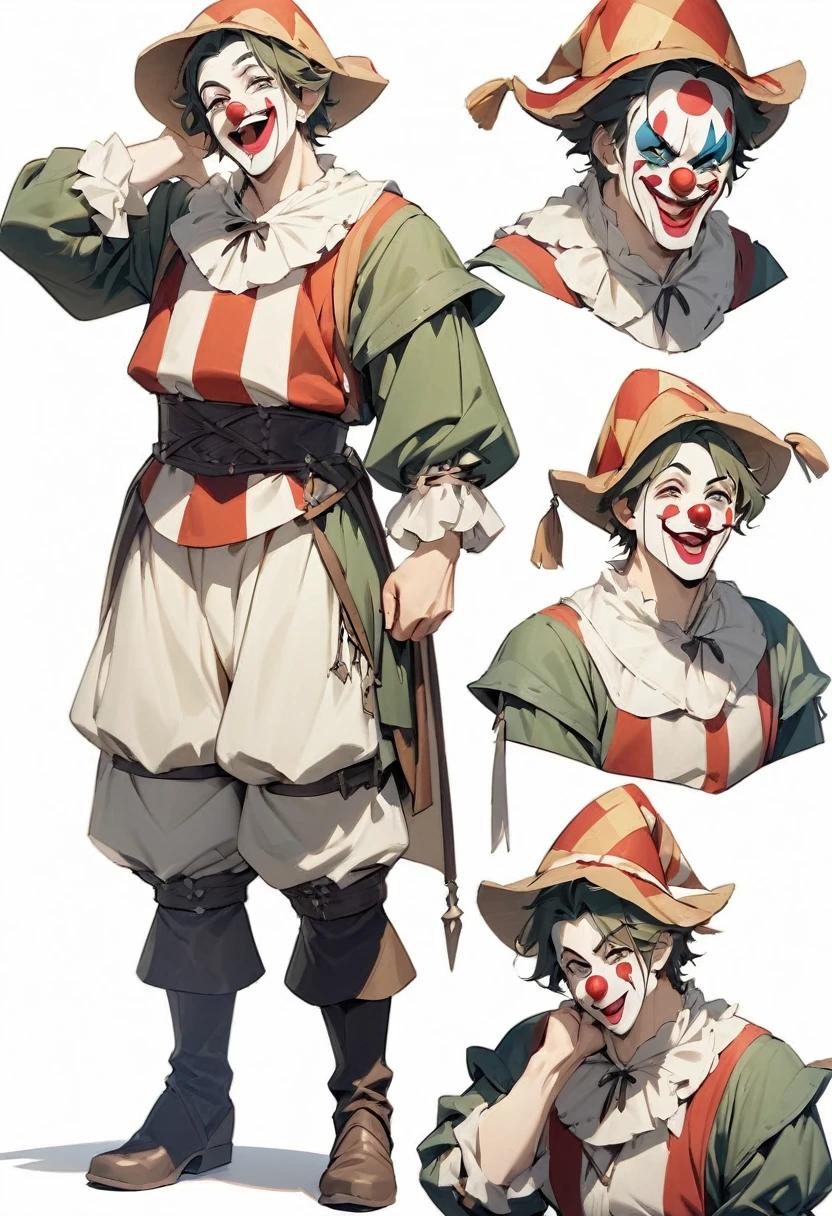({masterpiece}},{best quality,}，white background,full body,middle Ages,clown，Handsome，Lean，({masterpiece}},{best quality}