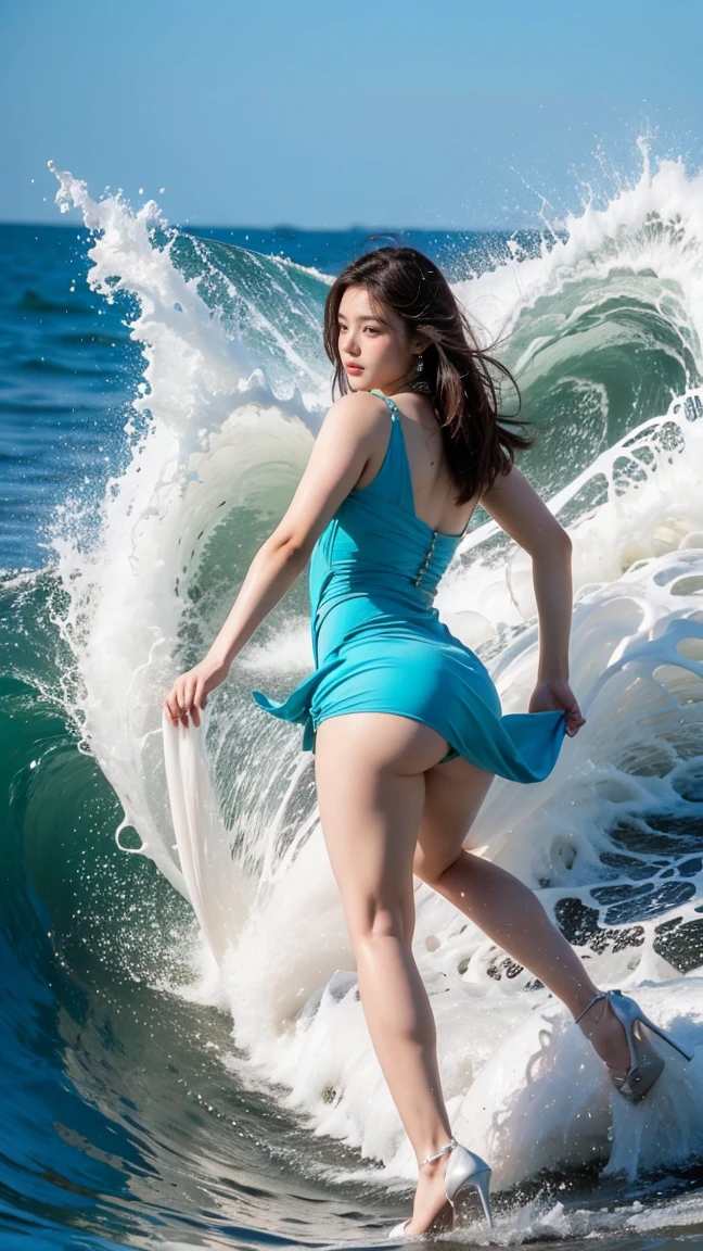 Highest quality,masterpiece,Ultra-high resolution,(Actual:1.4),Original photo,Ultra-high resolution,8K,There are also women,Fair skin,Exquisite makeup,Big waves,Turquoise dress,High heels,Long legs,Bright and beautiful,Exposing her ass,