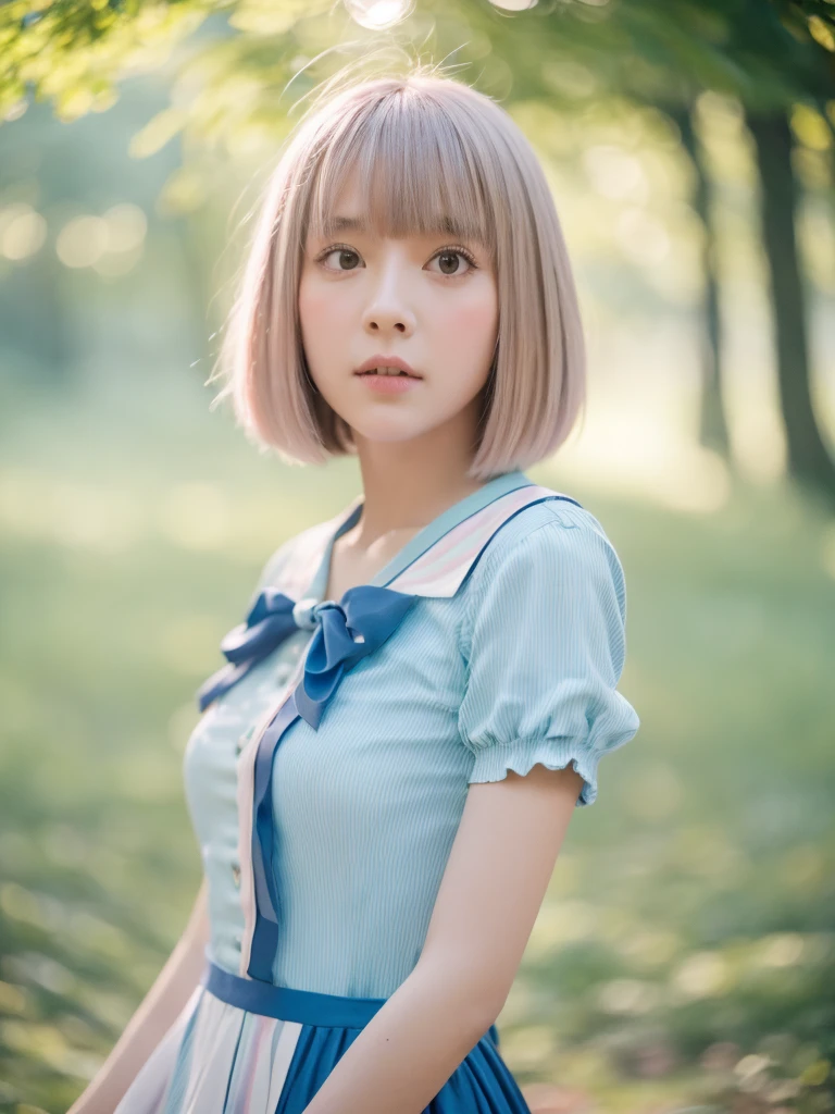 Portrait MagMix Girl look at camera, bob cut, short hair, ((alice in wonderland, fantasy)), analog film photo, pastel color palette, shallow depth of field, highly detailed, hyper-realistic, medium-format film camera,