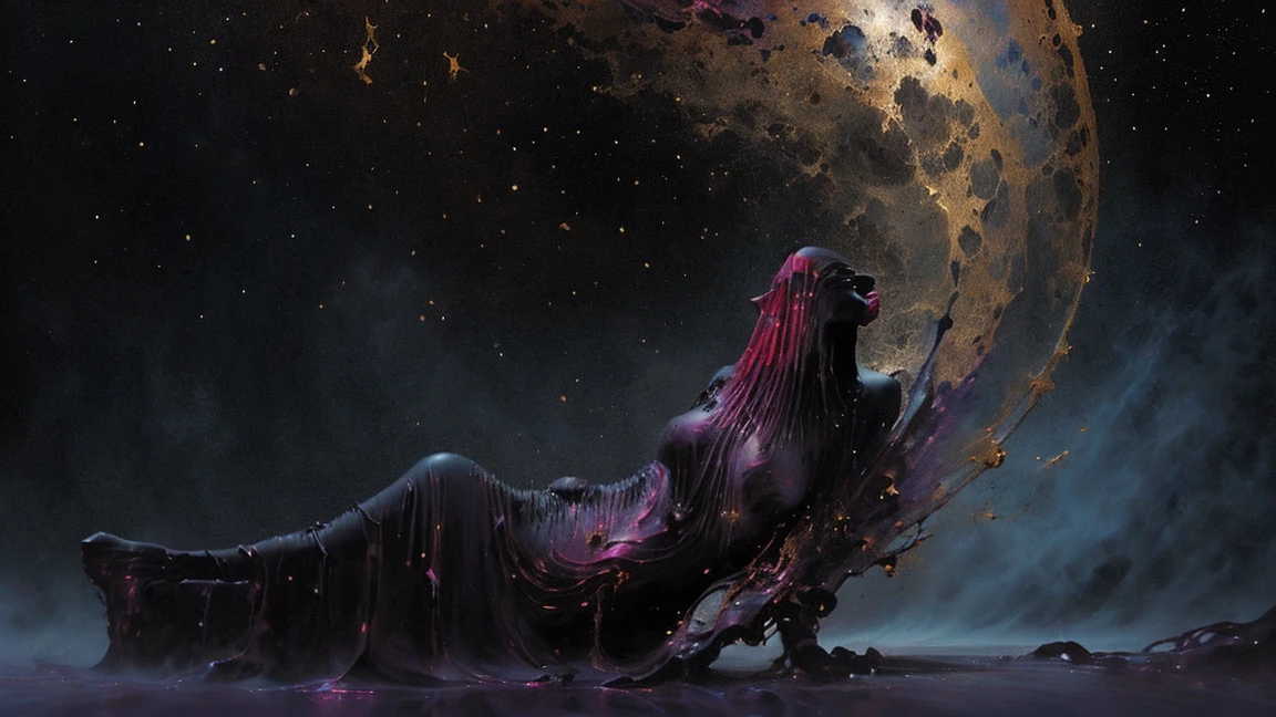 (body formed by galactic liquid mauevine and black metallic paint twisting into a beautiful interpretation of the female figure), au naturel,((complex galactic metallic colours in the foreground)), (( fluid mechanics, the loveliest smooth scale face makeup, smirky expression)) - red, black and gold, onyxia, metallic color palette g0s1, full body, naked thorso