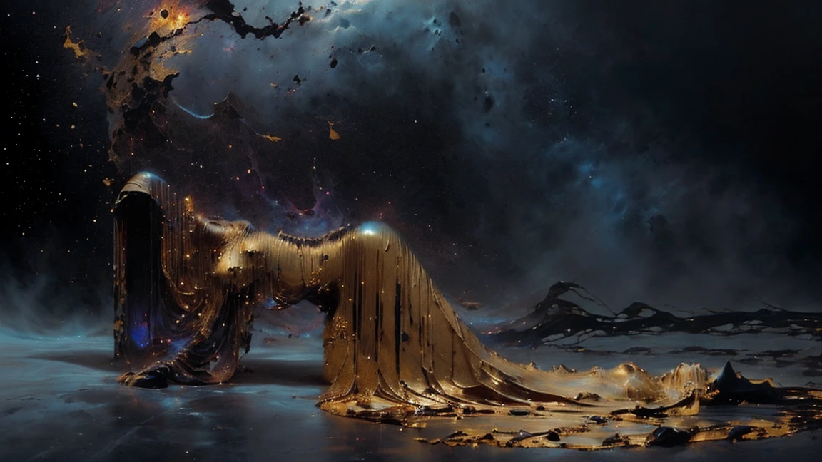 (body formed by galactic liquid mauevine and black metallic paint twisting into a beautiful interpretation of the female figure), au naturel,((complex galactic metallic colours in the foreground)), (( fluid mechanics, the loveliest smooth scale face makeup, smirky expression)) - red, black and gold, onyxia, metallic color palette g0s1, full body, naked thorso