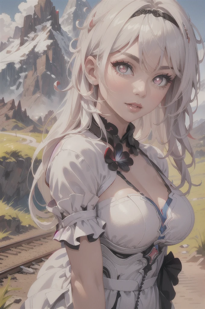 1girl, beautiful detailed red eyes, beautiful detailed lips, extremely detailed face, long eyelashes, night, close up, upper body, 8k, raw photo, best quality, masterpiece, realistic, photo-realistic, large breasts, train tracks behind, mountains, high grass, lank and sloopy