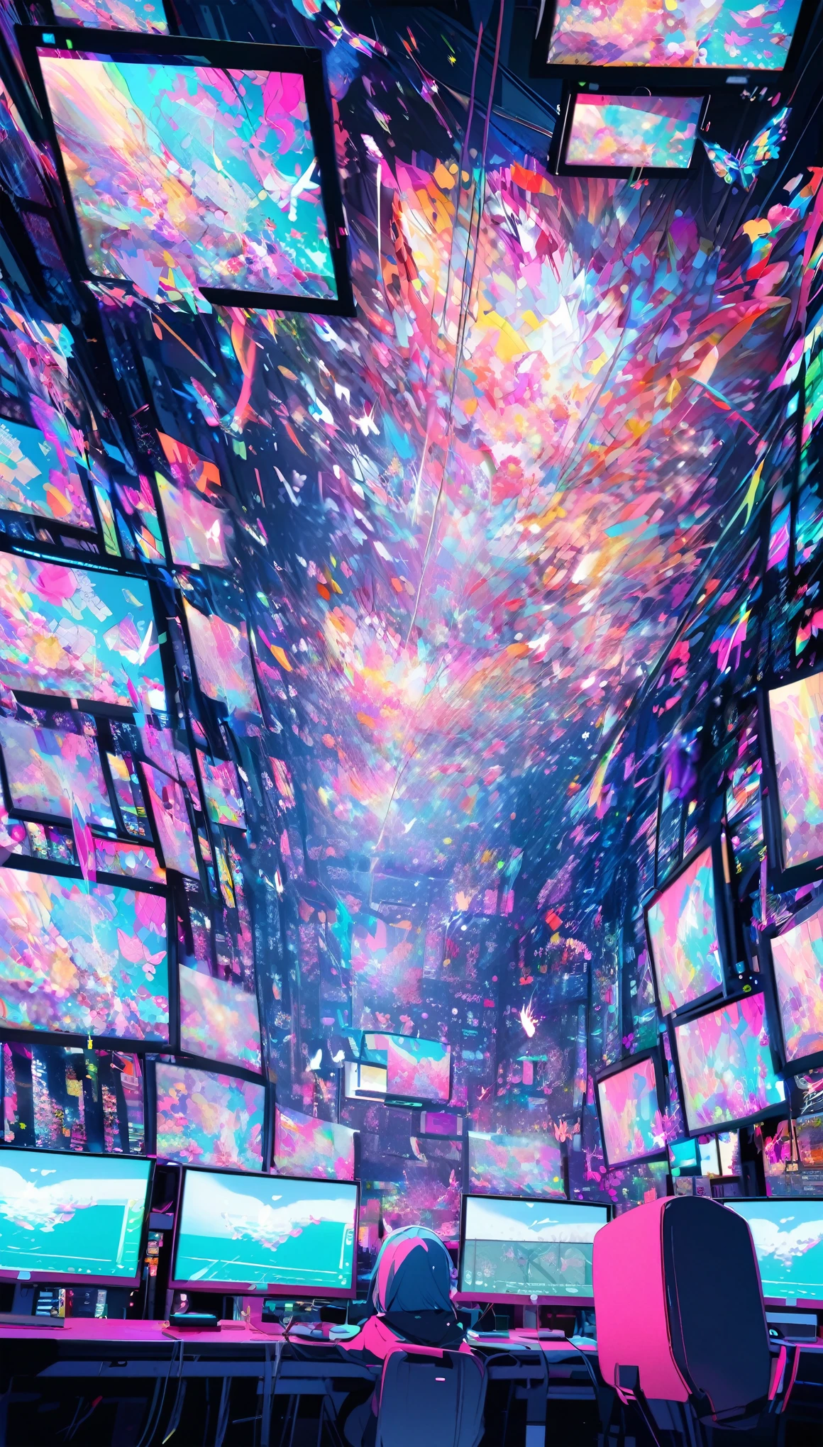Butterflies flying from the screen、Multiple Screens、Digital Noise