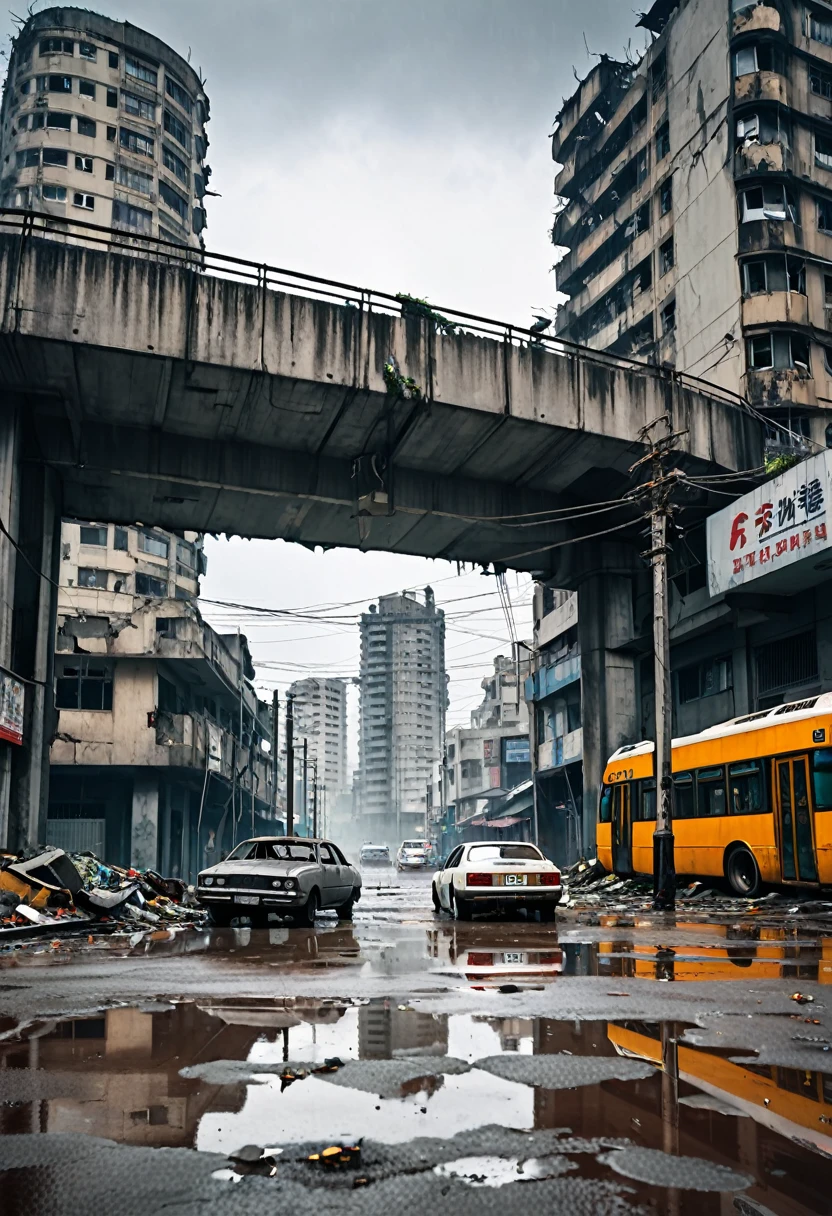 Image taken from a height of 200 meters。The crumbling grey concrete curved viaduct、Supported by wide, tall car pillars、Passing through the heart of a modern, ultra-futuristic, ruined city、Rusty, abandoned and dirty cars and buses standing upside down on the street。, Dirty modern circular building in ruins and crumbling, Cyberpunk Style, Gray Environment, night空, dark, night, Images with shades of grey, Rain and puddles on the ground, sf, Nuclear apocalypse with smoke rising from buildings, mad max style,  The traffic lights went out and the electric pole fell over.、Cityscape with electric pole wires lying on the ground,  There is a rusty chain link fence around the building., Signs and lights go out、Falling from buildings。, Many buildings are collapsing on the horizon, Some buildings have collapsed, Debris and trash on the street, There is a girl with dirty clothes, Walking down the street in torn clothes and with his hood up, looking at the horizon, Be as realistic as possible, high quality, 4K, Ultra-detailed