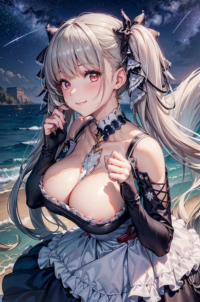 ((dress_default, terrific_default, ornament_waist)):1.5,((独奏, 1girl)) ((masterpiece,Highest quality,Highly detailed images,Beautiful images、Realistic、Dutch Angle)),（Top-down angle image）、 (Bright lighting overall、Backlight、A fantastic atmosphere、Thick Fog、Dust flutters),(Sexy pose、Beautiful cleavage、huge breasts, Place your hands behind your back:1.5、Leaning forward、Charming smile), ((Beautiful starry sky、shooting star、Ocean))、Black sleeves、Emphasize the chest、Looking up、Hands behind the body、Leaning forwardに
