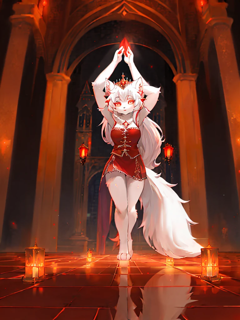 furry,sclera,red iris,White Wolf Princess,female,cute,Perform magic effects with one hand,Lights and reflections, , Architecture of medieval Europe, Glazed tiles,Hell version of the background