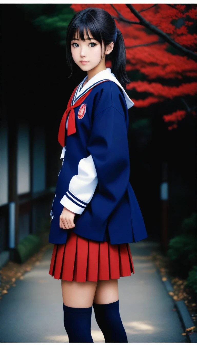 Wearing a skirt and knee-high socks, Japanese girls uniform, Japanese , Cute school girl, Wearing Japanese clothes , Knee socks and skirt, a hyperRealistic , High school girl posing, Dressed as a high school girl, Girl in uniform, hyperRealistic , Realistic