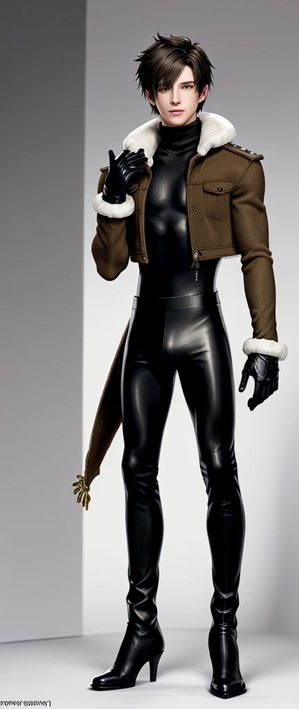 Final fantasy taste and reality graphics, Japanese young cute and cool ikemen boy, his age is early 20s, thin eyebrows and beady eyes, he wearing light brown color very thick shearling jacket, jacket is no leather and waist length, fur color is white,
also wearing black very thick turtleneck lackluster shirts, tight black leather pants, shiny black leather tight and must put on a thin leather glove both hands, black leather knee-high raceup boots,must views head-to-toe,must views whole body, boy looks like fashion model,Do not show skin from the neck down,leather jacket leather glove and leather pants have few wrinkles,boy in the room,,Avoid showing your innerwear,