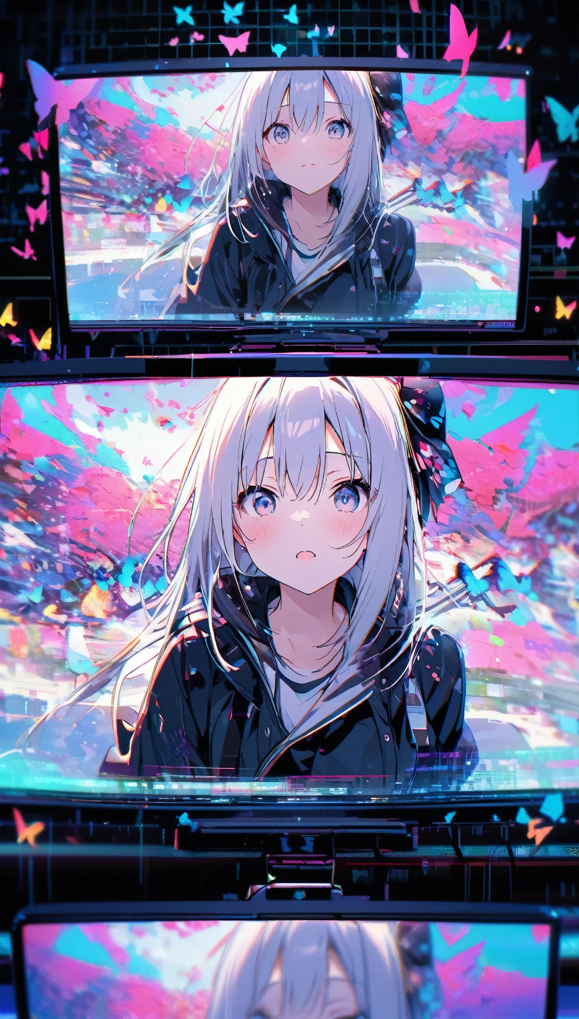 Butterflies flying from the screen、Multiple Screens、Digital Noise