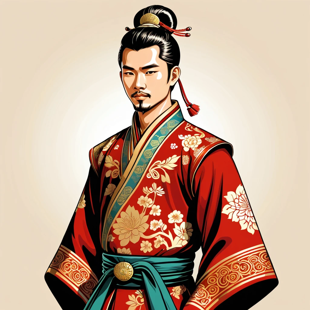man in asian folk outfit, vector graphics, strong contours