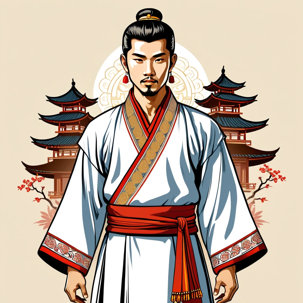 man in asian folk outfit, vector graphics, strong contours
