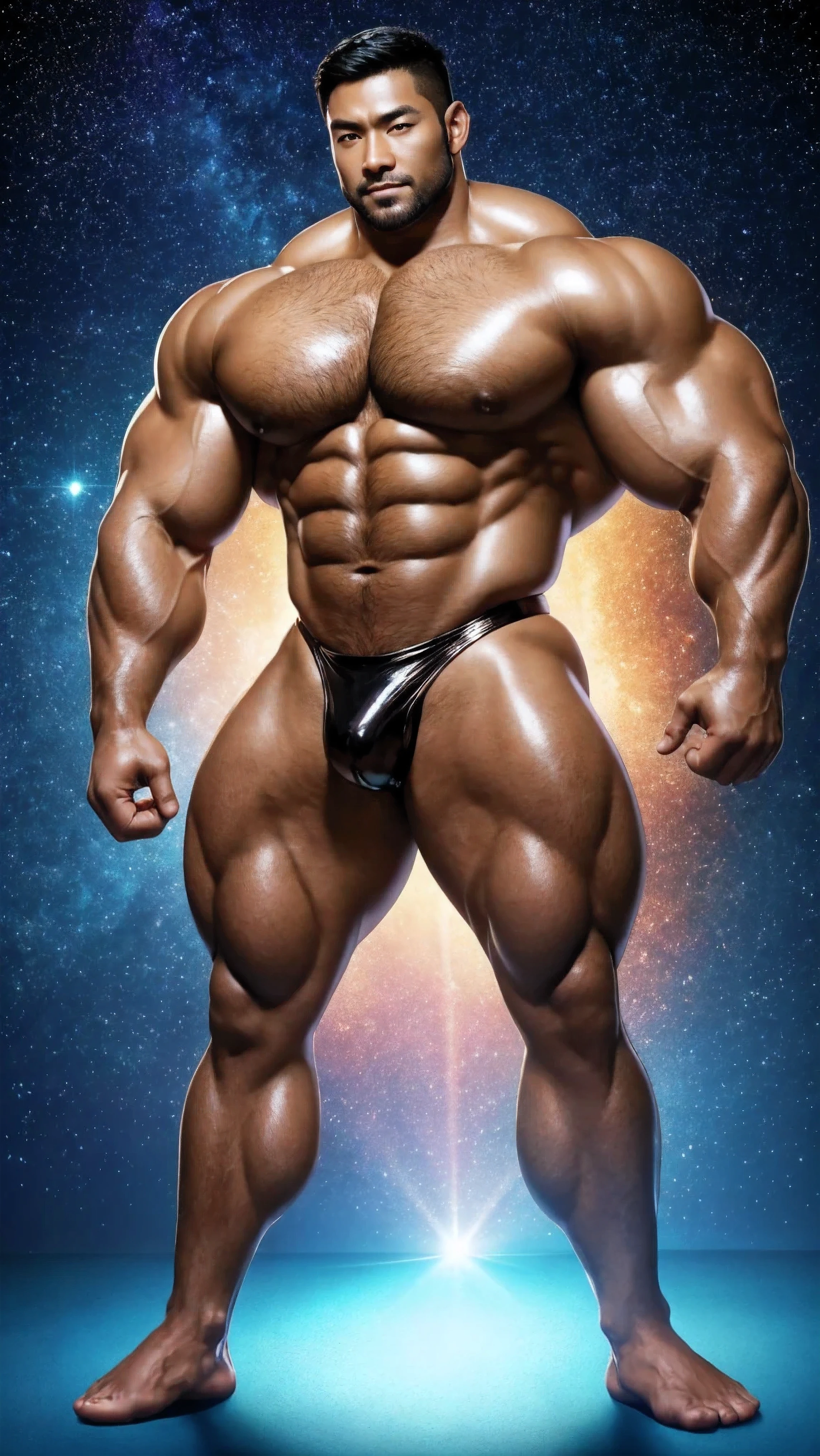 There is only one handsome Asian actor in the photo,35 years old,High target, Fitness,Smooth body,Smooth skin,No chest hair,short hair, O-Shaped Beard,Perfect body, Dark skin color,Radiant Skin,Smooth skin,Shiny, shiny skin,Smooth pectoral muscles,Muscle bulge, muscular, Very large pectoral muscles,Very sexy abdominal muscles,Very well-developed leg muscles,Huge concave and convex area,Brightens oily skin,Wearing a shiny gold leather thong,Handsome face,Normal human toes,Correct and accurate male body proportions,Superhero style,Light particle effects, dusk, Dynamic poses,Surrounded by energy,Multiple light points,Gradient sky, Gorgeous fantasy magic。