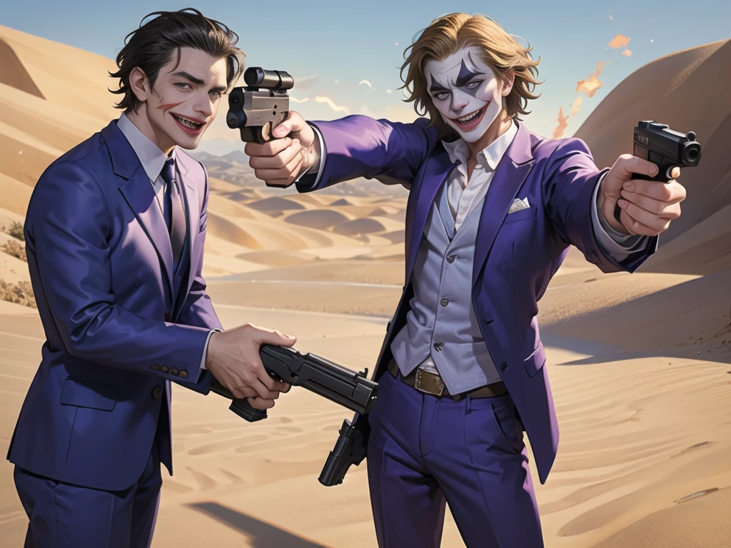 Masterpiece, best quality, The Joker wears a purple suit., , look at viewer, Aim the gun., ถือpistol, look at viewer, stand, , ((pistol)),((Aim the gun.ไปที่ผู้ชม)),gun possession, desert, Laugh and laugh ,explosion from gun , lots of smoke